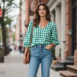 A New Day green and white gingham Top Medium